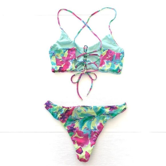 Floral Bikini Lace Up Tank Top With Cheeky Bottom 2-Piece Swimwear Green Pink S - Picture 2 of 7
